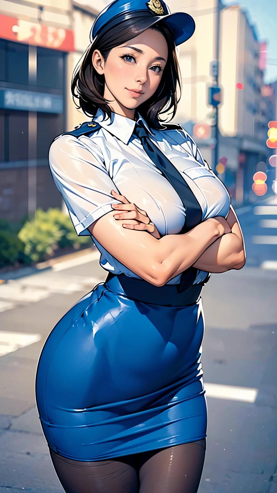 (masterpiece:1.2, highest quality), (Realistic, photoRealistic:1.4),Beautiful illustrations,(Natural Side Lighting, Cinema Lighting),1 female,Japanese,Mature Woman,Female police officer on patrol,48 years old,Perfect Face, Symmetrical face, Shiny skin,Random Hairstyles,Big eyes,Sexy Eyes,(smile),(whole body),break((Police Officer Shirt)),((Tight mini skirt)),(Police hat),(pantyhose),(The background is a street corner:1.5),(((Background Blur:1.5))),((Police uniform)),(((Arms crossed)))