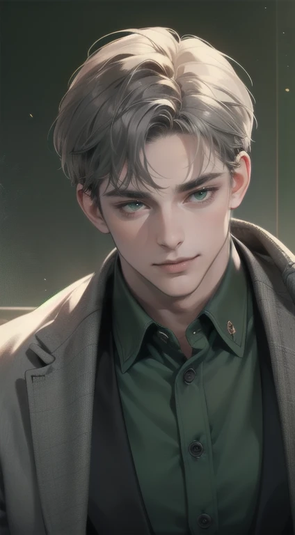 masterpiece, best quality, realistic, 1man, mature male, quiet and charming young man, 34 years old, close his eyes, smile look, extremely detailed face, smirk, ((dark grey green eyes)), ((short-right-swept dark grey hair)), [thick eyebrows], detective, Black background, ((suit)), cinematic lighting