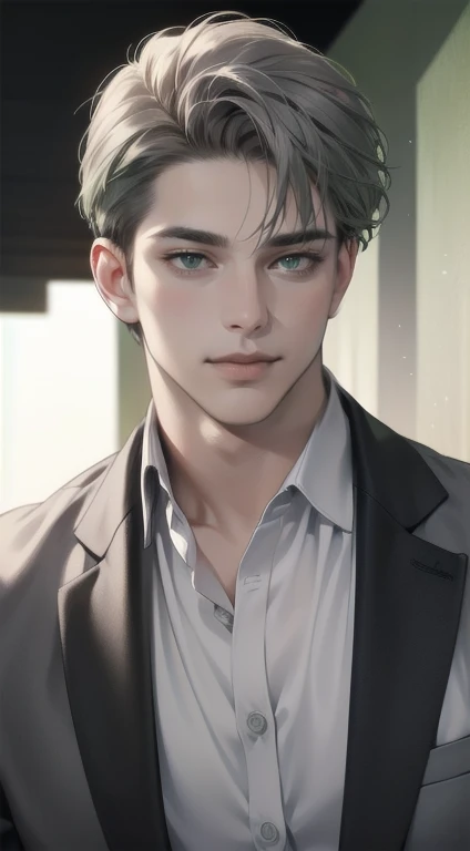masterpiece, best quality, realistic, 1man, mature male, quiet and charming young man, 34 years old, close his eyes, smile look, extremely detailed face, smirk, ((dark grey green eyes)), ((short-right-swept dark grey hair)), [thick eyebrows], detective, Black background, ((suit)), cinematic lighting