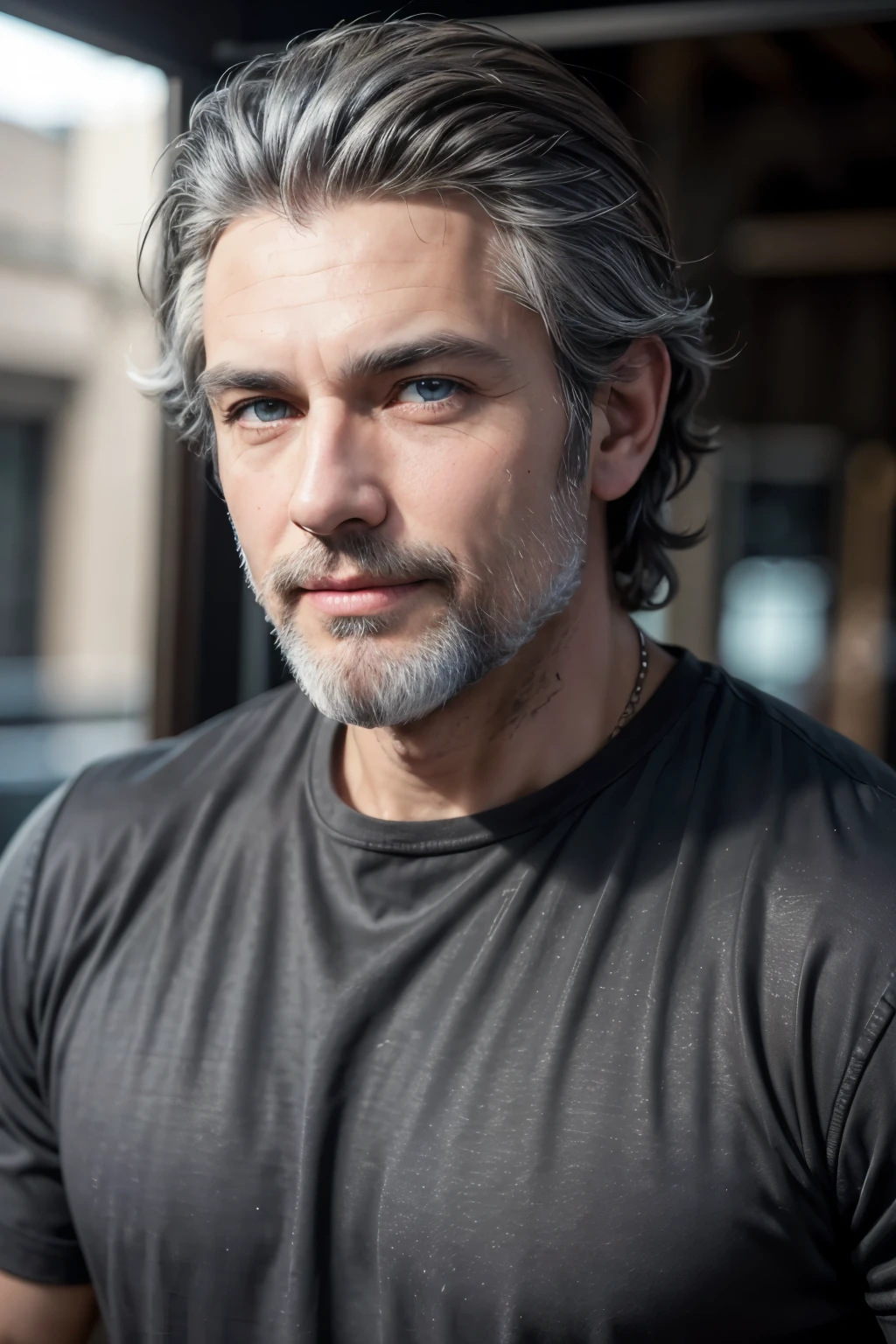 Tanned brunette mature man, beard, gray hair, strong, jeans, black shirt on square at the end of the day, black hair, messy hair, blue eyes, smile, facial hair, depth of field, cinematic lighting, first-person view, Nikon, UHD, masterpiece, accurate, anatomically correct, super detail, high quality, highres