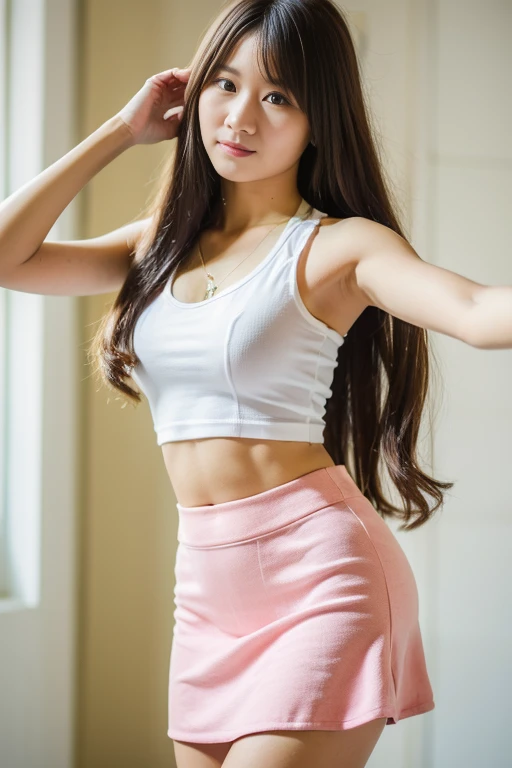 (masterpiece, best quality:1.2), 1girl, arafed image of a woman in a pink skirt and white Crop tank top, bloomy, nanogirl, airy, nanogirlv 2, anmi, antgerm, beutifull, 