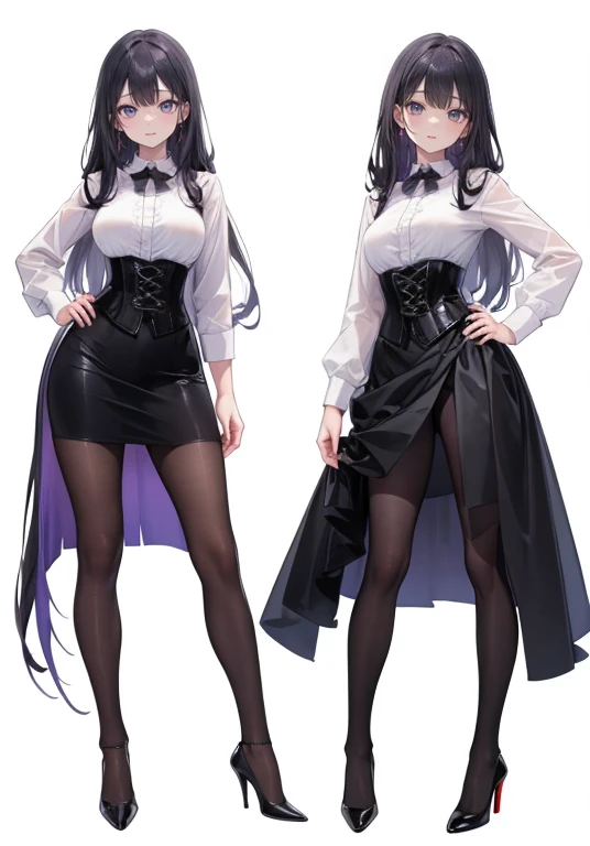 Purple super long Hair,Adult female,(suit),White Y-shirt,((Rolling up his sleeves)),(corset),(Black tight skirt),(High heels),Heels are visible,((Simple white background)),smile,((whole body)),((full body)),