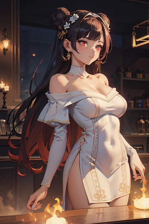 (((Masterpiece))),(((Super Detail))),(((in 8K))),(((best composition))),(((Rim lighting,Fireglow effect,deep shadow))),solo),Beautiful fingers,Detailed finger features,(Detailed hair features:1.7),(Dynamic and sexy bending pose:1.3),detailed facial features,detailed clothes features, (perky chest:1.1), (pointed chest:1.3), delicate beautiful face, Bright blue eyes, cute eyes, sparkling eyes, Big eyes, beautiful detailed eyes,double bun with glittering hair ornament:0.6,(super detailed glossy skin:1.3),slender body,goddess smile,((with sparkling eyes and a contagious smile)),beautiful posture,have a cup of coffee,black hair, red eyes, dress, bare shoulders, jewelry, collarbone, sidelocks, hairband, earrings, indoors, off shoulder, sweater, arms behind back, plant, short hair with long locks, white hairband, off-shoulder dress, sweater dress, off-shoulder sweater, red sweater, big side hair, very long side hair,(super delicate floral pattern:1.2),seductive cleavage:1.3,beautiful glossy legs,shiny red high heels,lifting dishes with cakesd,french restaurant,hustle and bustle,rising steam,(((depth of fields)))