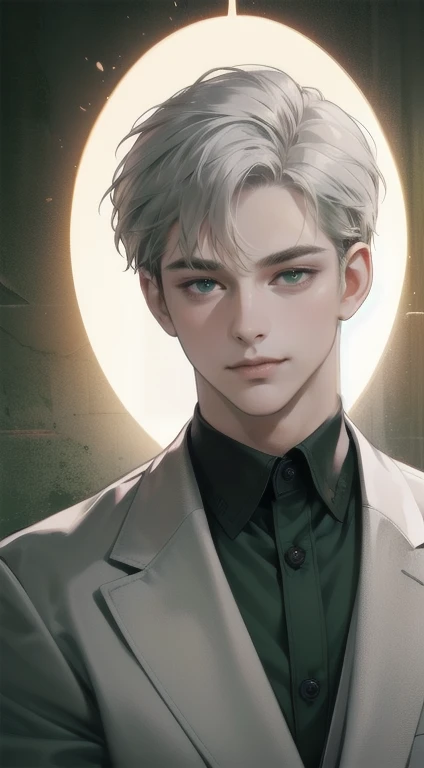 masterpiece, best quality, realistic, 1man, mature male, quiet and charming young man, 34 years old, close his eyes, smile look, extremely detailed face, smirk, ((dark grey green eyes)), ((short-right-swept dark white hair)), [thick eyebrows], detective, Black background, ((suit)), cinematic lighting