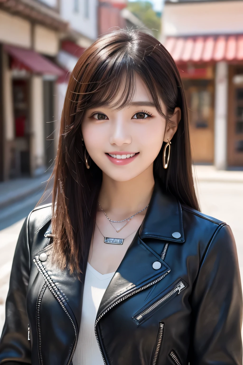 Beautiful young woman of the year、 Korean women、Black Hair、Necklace around the neck、leather jacket、shirt、smile, Beautiful teeth alignment、Intricate details, Very detailed:1.2), 、 Looking into the camera,The background is the town、Ear piercing