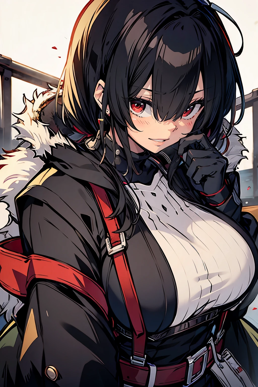 hasuichi nishizono, rekkyo sensen, rekkyou sensen, 1 girls, black hair, tits cleavage, face palm, waving, breasts close up, suspenders, dress,1girl, bare shoulders, belt, frills shirt, white knit sweater, exposed breasts, straps, upper body, hoodies, furry clothes, long hair, nun, long sleeves, white gloves