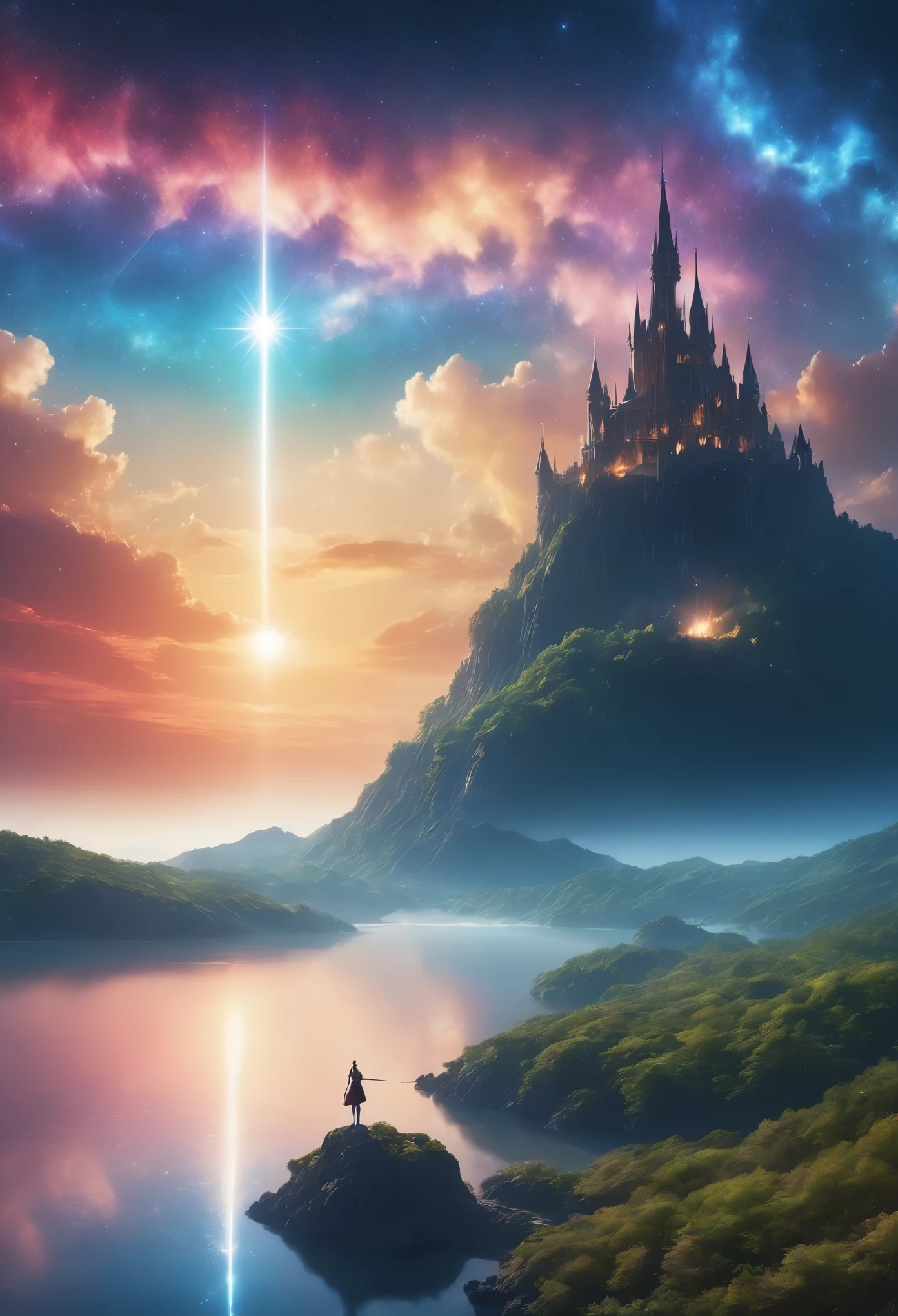 (8k, highest quality, masterpiece, final fantasy style: 1.2), (unRealistic, photoRealistic: 1.37), (one mage lady standing on lake side in distance, huge bouncing bust, with sword with fire, Shining light towards the sky:1.1), Dreamy landscape, Fantasy, Unsurreal landscapes, Super detailed, Flying medieval castle, Floating Island in the Sky, Seven-colored swirl of light, (流星のMr.に空を舞う光り輝く尾の長い小鳥:1.3), Aurora, Intense lightning, milky way, Complex Light, Mr.々Colored light, Large Lake, Starry sky reflected on the lake surface, Countless shining stars, Meteors, Many meteors, Aura of, (A pillar of light emanated from the ground:1,2), 複雑な文Mr.の魔法陣,