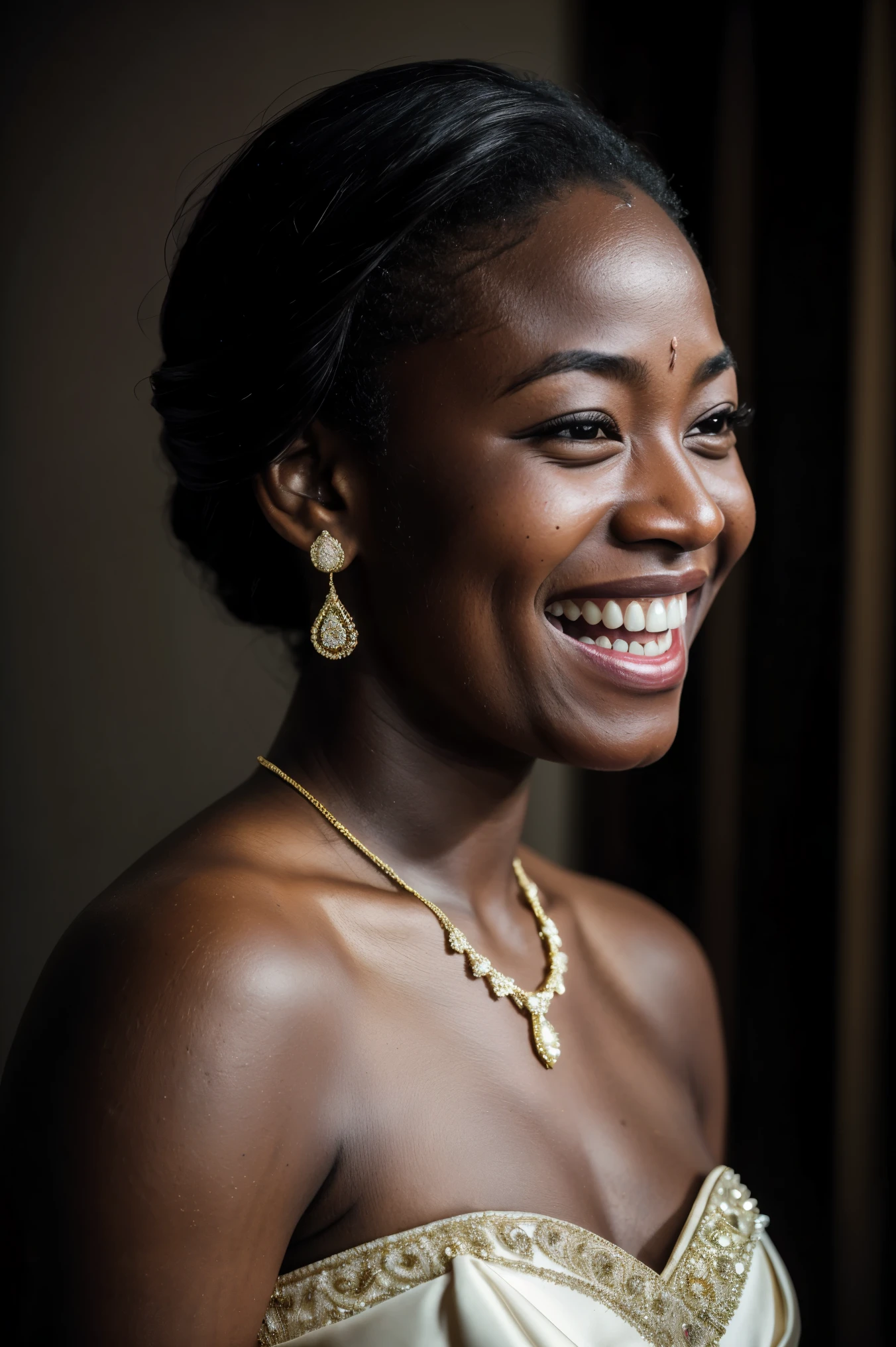 film grain,(((Laughing))),very happy, photographed with a Sony a9 II Mirrorless Camera, analog style, beautiful, masterpiece, best quality, aamari, a woman with formal dress is looking at the camera, very dark skin, extremely detailed face, bust shot, perfect lighting