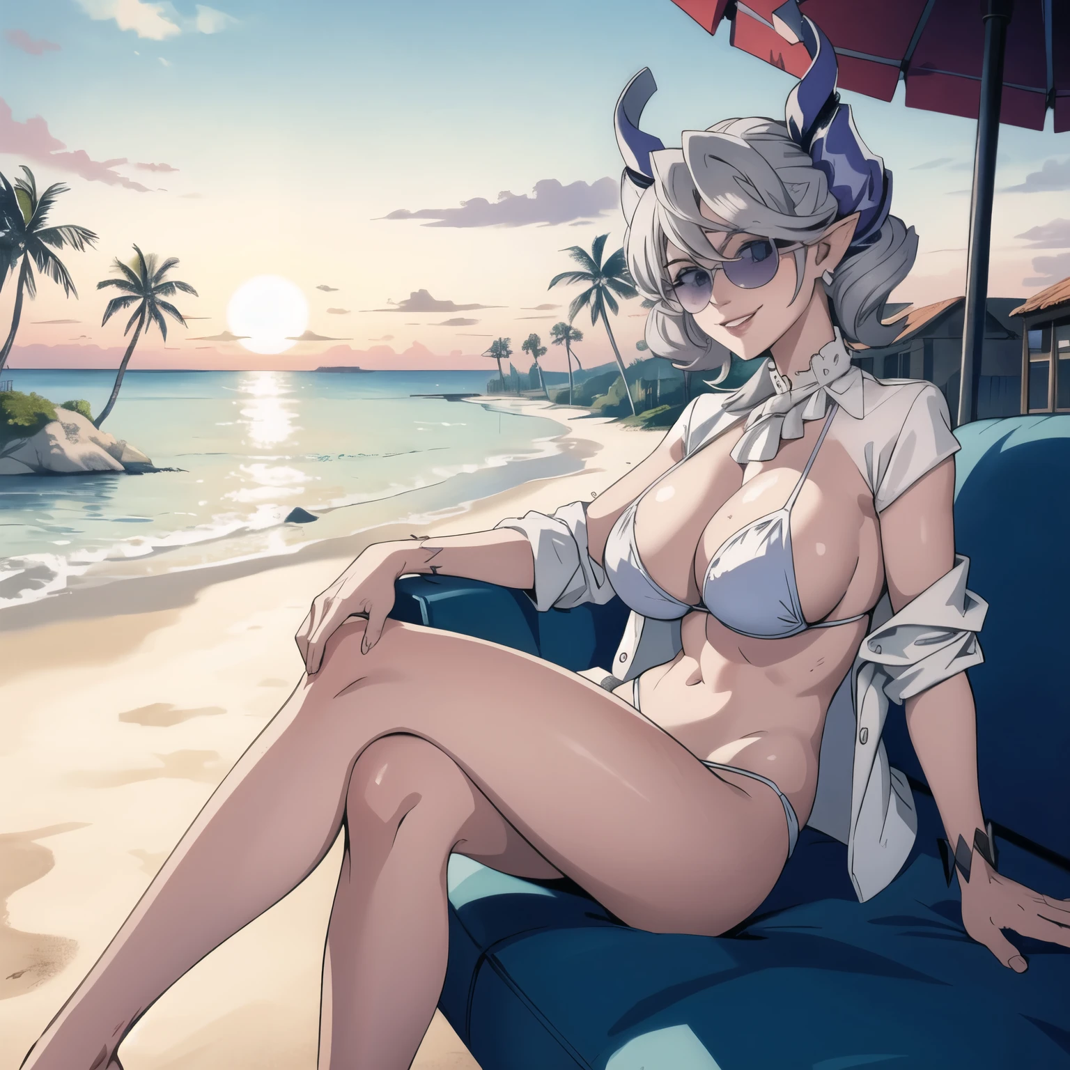 　High level image quality　best image quality　8K　 adult woman  beach  sunset　palm trees  more colors   whole body view　portrait　white bikini   　horn    ears  　short hair（（shortcut）（gray hair）（perm）（fluffy））　eye color is blue , pink sunglasses , 　attractive evil face , evil smile   ,  sexy pose   ,  labrynth ,  barearm    , wearing white shirt    , crossed leg style in detailed , view from side 