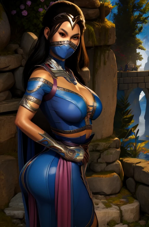 KitanaMK1, black hair, brown eyes,  jewelry, blue dress, cleavage,  mouth mask, 
looking at viewer, royal garden. morning,
 standing,full body,prefect body,large butt,smile toned, (insanely detailed, beautiful detailed face, masterpiece, best quality), turn back,butt show,cross arms