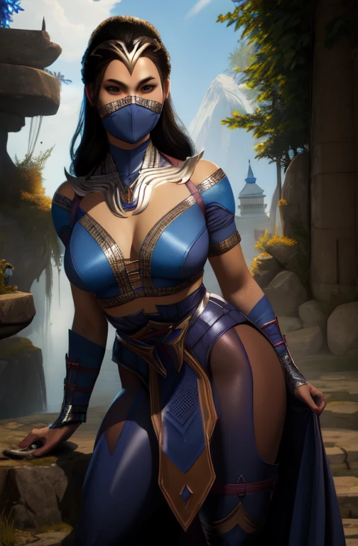 KitanaMK1, black hair, brown eyes,  jewelry, blue dress, cleavage,  mouth mask, 
looking at viewer, royal garden. morning,
 standing,full body,prefect body,large butt,smile toned, (insanely detailed, beautiful detailed face, masterpiece, best quality), turn back,butt show,cross arms