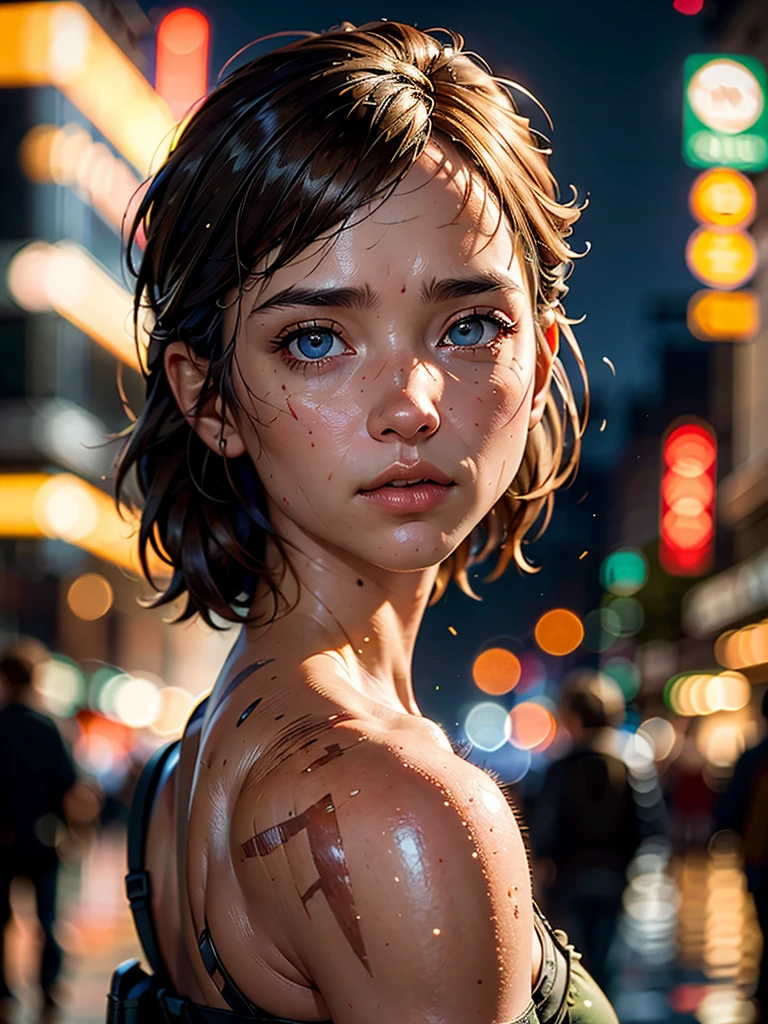 (best quality, masterpiece, highest detailed), (photorealistic:1.2), (detailed light:1.2), (Realistic skin texture:1.4), raw photo, the last of us, adult Ellie from the last of us, looking at the viewer, on street of a destroyed city, post-apocalysis, evening, depth of field, bokeh