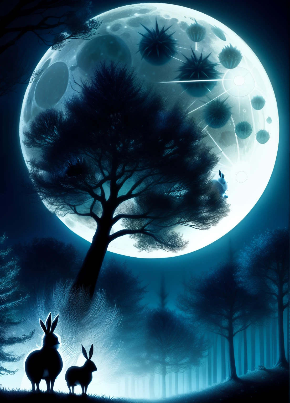 enchanted forest, the full moon rises from behind the hills, the bunnies and hedgehogs sit and watch the moon