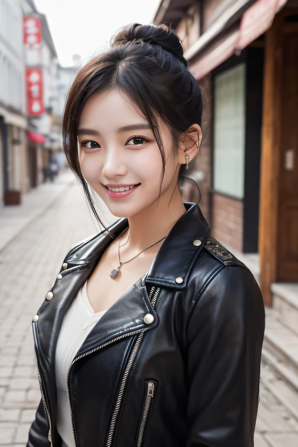 Beautiful young woman of the year、 Korean women、Black Hair、Hairstyle bun、Necklace around the neck、leather jacket、shirt、smile, Beautiful teeth alignment、Intricate details, Very detailed:1.2), 、 Looking into the camera,The background is the town、Ear piercing