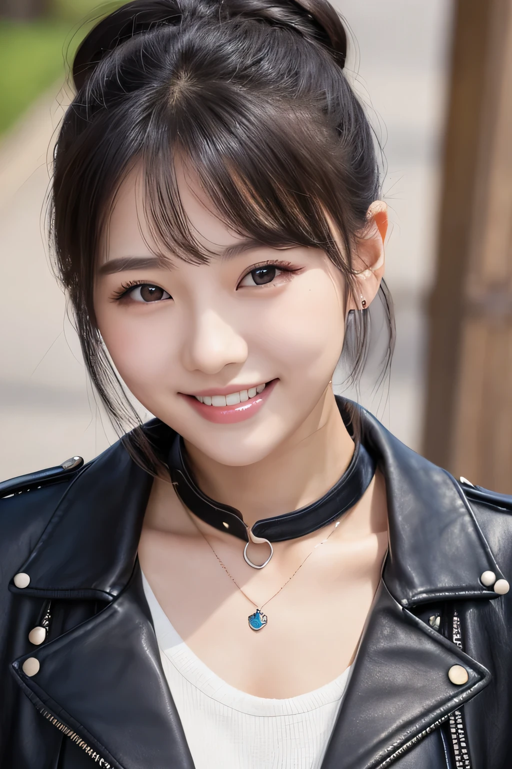 Beautiful young woman of the year、 Korean women、Black Hair、Hairstyle bun、Necklace around the neck、leather jacket、shirt、smile, Beautiful teeth alignment、Intricate details, Very detailed:1.2), 、 Looking into the camera,The background is the town、Ear piercing

