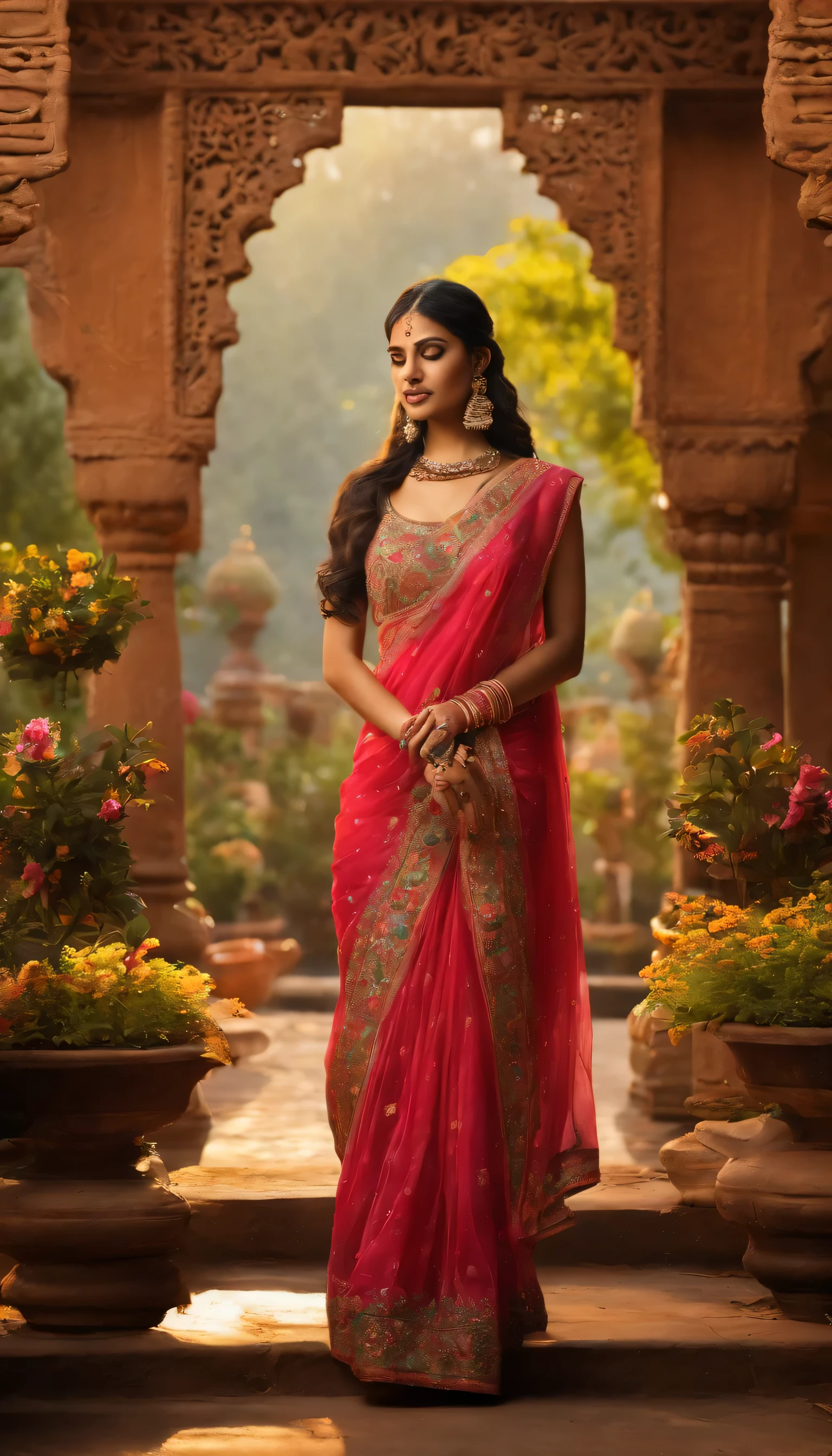A young Indian girl with delicate features and natural beauty is standing gracefully in an Indian garden on a sunny day. She is adorned with intricate women's jewelry, including bejeweled ornaments and a stunning tattoo on her arm. Her smile is gentle and captivating, exuding warmth and happiness. She is wearing a vibrant and colorful sari that adds to the visual richness of the scene.

The garden is lush and vibrant, filled with blooming flowers of various colors, creating a beautiful contrast against the girl's attire. The sunlight filters through the trees, casting a warm and enchanting glow on the entire scene. The crystal-clear water flows calmly in a nearby fountain, adding a sense of tranquility and serenity to the atmosphere.

The image is of the highest quality, boasting hyper-realistic details and hyper-detailed textures. Every exquisite element, from the girl's jewelry to the flowers and water, is rendered with utmost precision and sharpness. The colors are vivid and vibrant, accentuating the beauty of the Indian garden and the girl's attire.

Overall, the image exudes a sense of enchantment and captivation, inviting viewers to immerse themselves in the rich cultural tapestry and natural serenity of an Indian garden. The hyper-realistic detailing and vibrant colors enhance the visual experience, creating a stunning artwork that is sure to be a masterpiece.