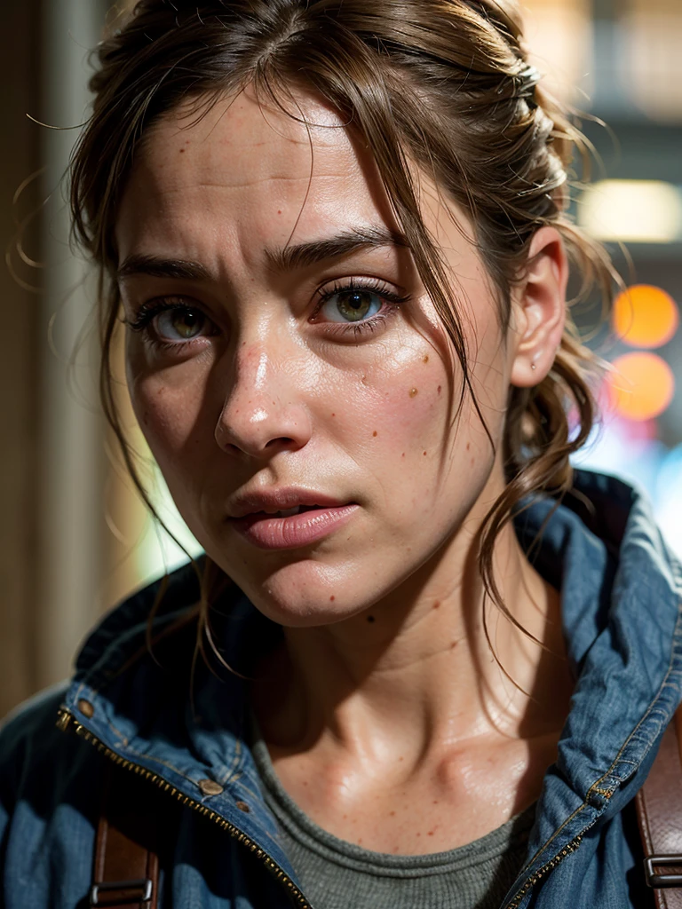 (best quality, masterpiece, highest detailed), (photorealistic:1.2), (detailed light:1.2), (Realistic skin texture:1.4), raw photo, the last of us, middle aged Ellie from the last of us, looking at the viewer, on street of a destroyed city, post-apocalysis, evening, depth of field, bokeh