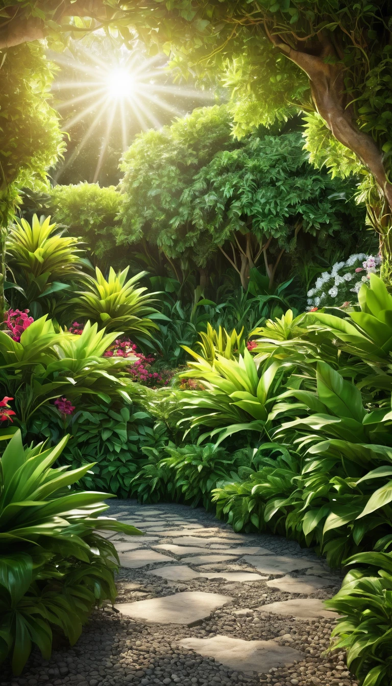 (papel de parede extremamente detalhado da unidade CG 8k, Obra de arte, melhor qualidade, ultra-detalhado), (better lighting, melhor sombra, extremamente delicado e lindo), Jardim de flores, lush vegetation, sunlight streaming through, profundidade de campo, ambiente acolhedor e convidativo.
