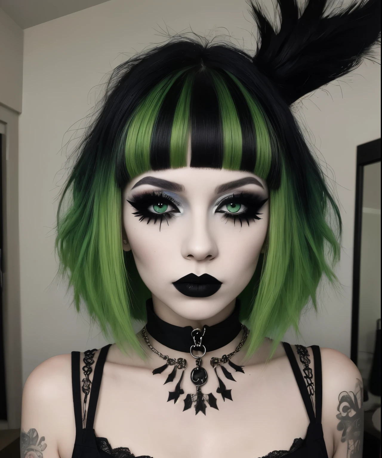 bce, 1girl, green hair, black eyes, asymmetrical hair, bedroom, goth, goth makeup, smoky eyes, eyeshadow, eyeliner, flat bangs, upper body view, breasts, goth bedroom