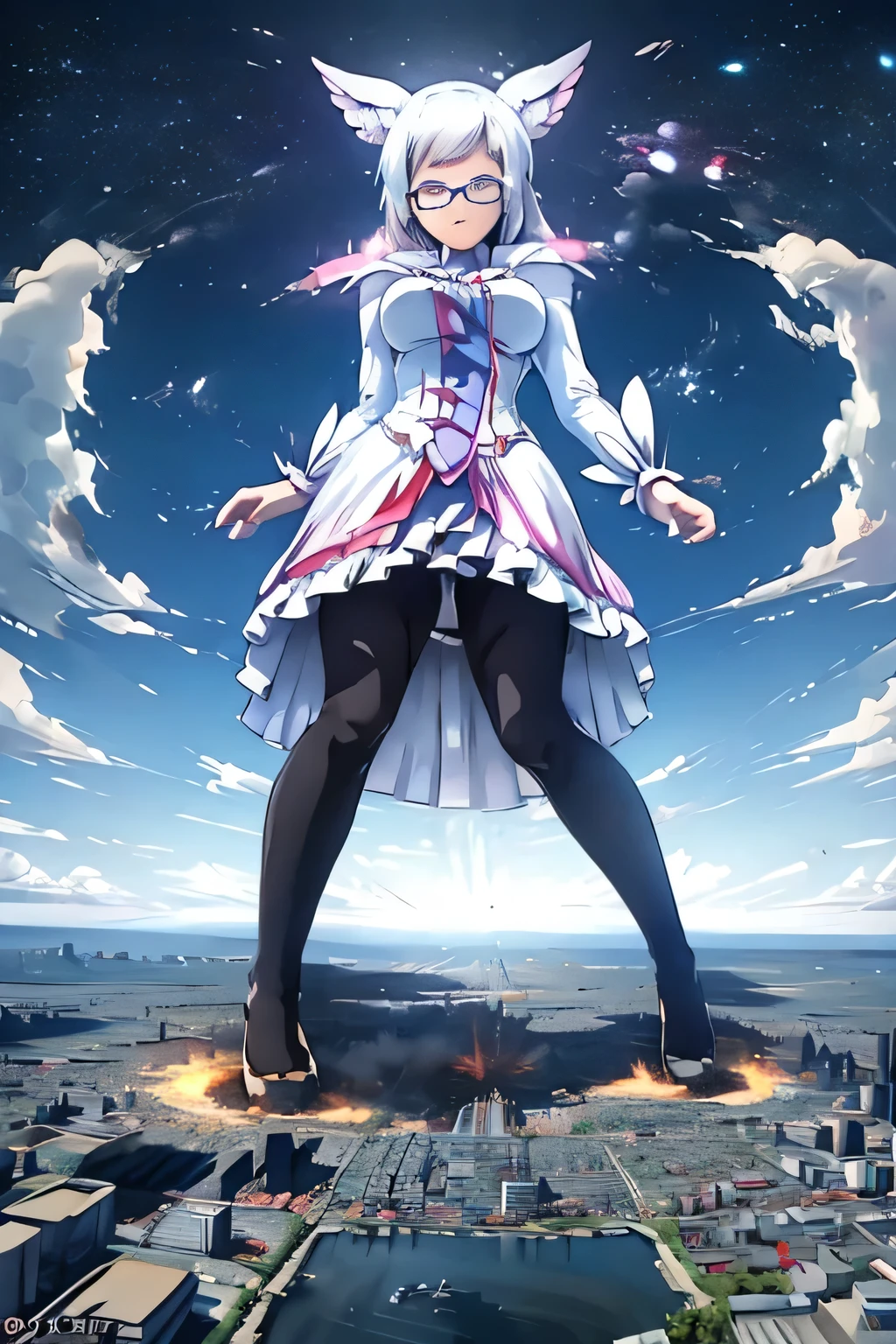 giantess art, highly detailed giantess shots, giantess, Two legs, Five fingers, A beautiful girl who is bigger than a skyscraper, Wearing rimless glasses, smile, huge breasts, blue and white magical girl dress, bow, magical girl, holding a magical wand, black pantyhose, blue stiletto heels, thunderbolt from a magical wand, Destroying cities, Under heavy attack but unharmed, A very small big city, Miniature metropolis, Full body description, GTS, giga giantess, stomping city, crash city, tiny city, micro city, pantyhose feet, High resolution, highest quality, masterpiece, peeing self, 