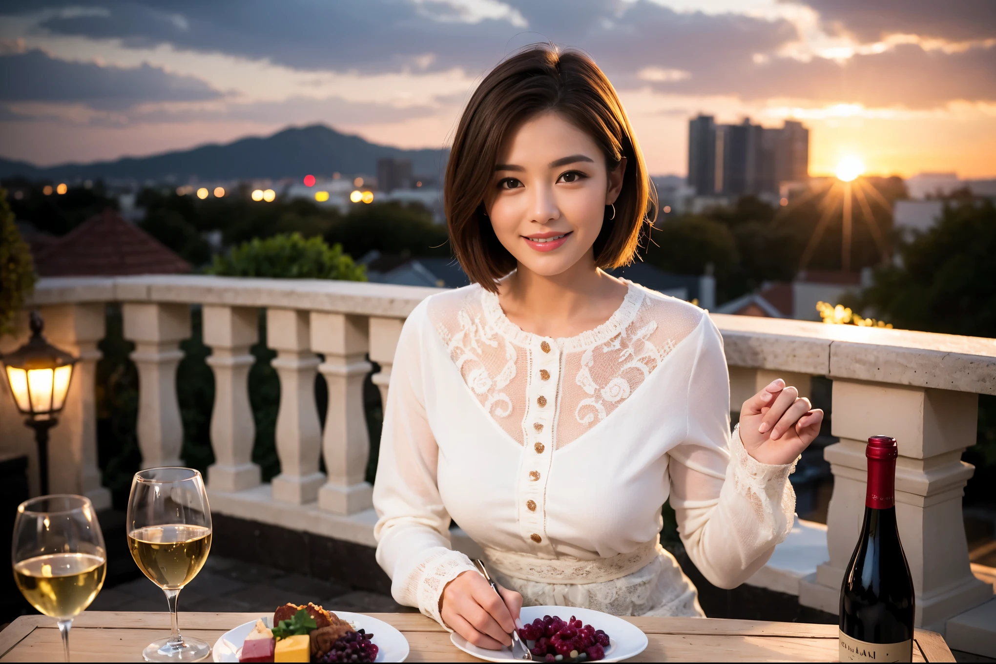 ((highest quality、8k、masterpiece:1.3))、 (Genuineistic, Genuine、Bright image、Intricate details:1.2), 最高のsmile 男性1人 女性1人、Beautiful couple、spouse、Engaged Couple、family、actresodel、smile、full-course dinner、 (Slim face), (the body is slim), (Brown Hair), (short hair), テーブルの上のwine glass、Please shine a light on my face、 Amazing view of the sunset sky and clouds、 (Age 37), 41 years old, red wine 、Appetizers、Wine bottle、sparkling wine、Long sleeve shirt、dress、White wine, red wine, wine glass,