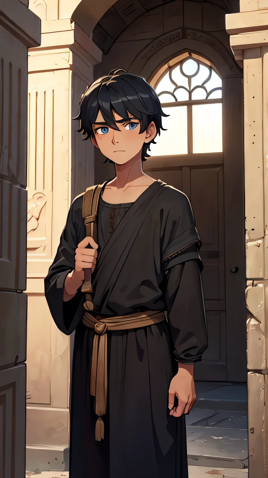 12 year old boy, blue eyes, dark gray hair, dressed in poor brown clothes from the 1st century AD. in an ancient dark Greek house from the 1st century AD, the walls are made of dark house stone