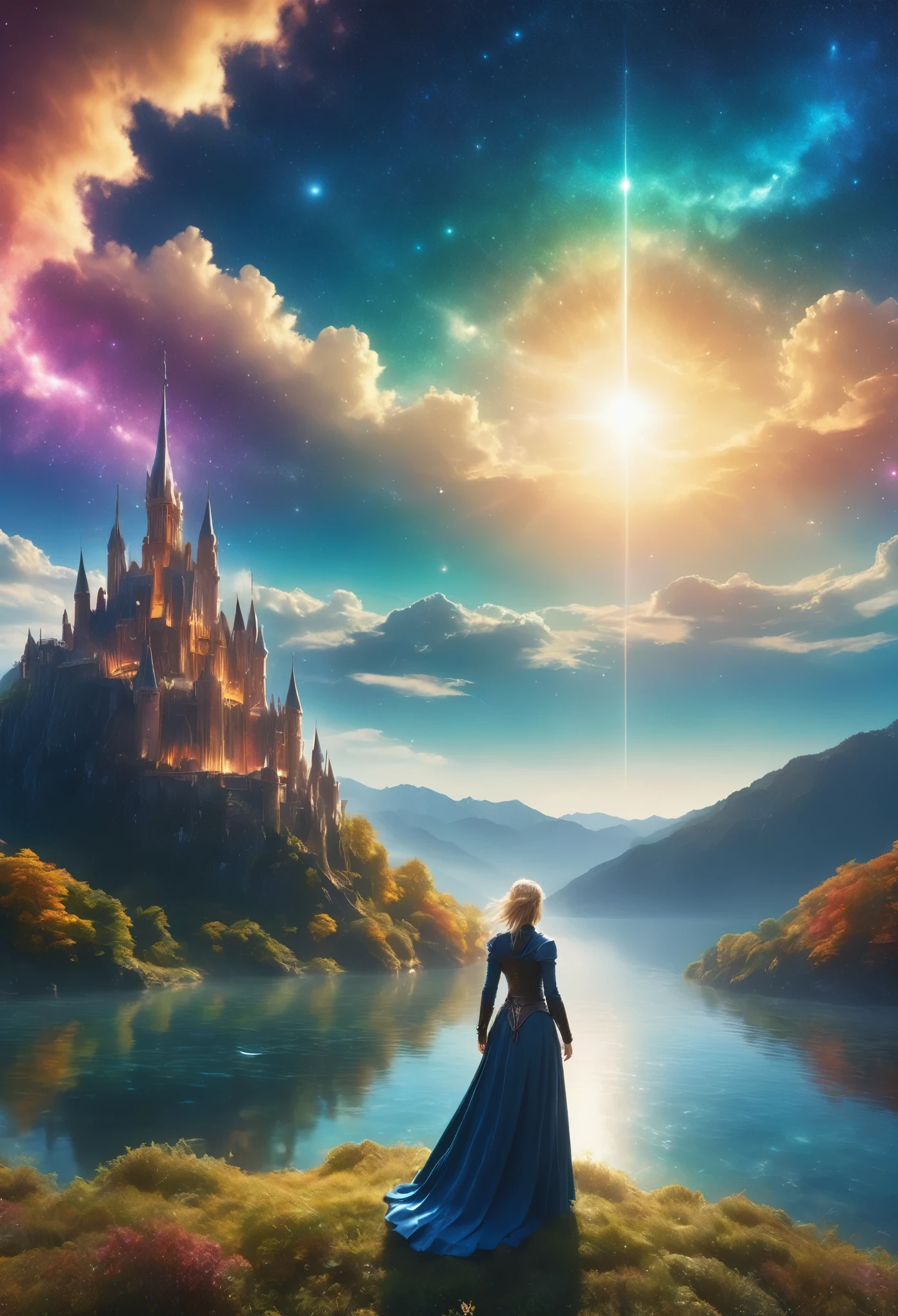 (8k, highest quality, masterpiece, final fantasy style: 1.2), (unRealistic, photoRealistic: 1.37), (one mage lady standing on lake side, huge bouncing bust, with sword with fire, Her sword shines into the heavens:1.1), Dreamy landscape, Fantasy, Unsurreal landscapes, Super detailed, Flying medieval castle, Floating Island in the Sky, Seven-colored swirl of light, (流星のMr.に空を舞う光り輝く尾の長い小鳥:1.3), Aurora, Intense lightning, milky way, Complex Light, Mr.々Colored light, Large Lake, Starry sky reflected on the lake surface, Countless shining stars, Meteors, Many meteors, Aura of, (A pillar of light emanated from the ground:1,2), 複雑な文Mr.の魔法陣,