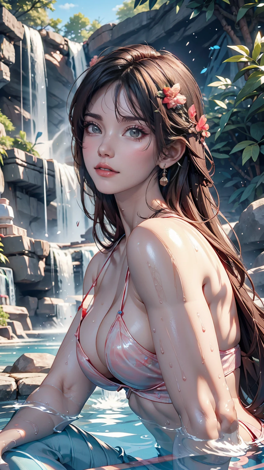 Very beautiful girl happily bathing near a clear and cool waterfall。Pink Skin、blue eyes、Black Hair、Detailed face、Detailed body、realistic model、highly detailed natural landscape、CGI 8K resolution