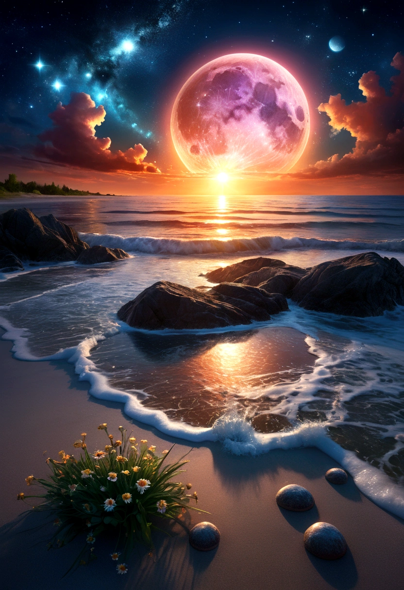 art by Phil Koch, Meghan Howland blue moon Digital ral-epochelves Illustration of a summer scape sunset luminism, The night sky comes alive with an eye that seems to hypnotize you, surrounded by a web of stars, nebulae and cosmic dust. Beneath this cosmic display, depict a tranquil beach with the surface of the ocean is sparkling, lush and symmetrically reflects the sparkling nebulae and luminous astral bodies dot. Realism complex background, dynamic lighting, digital painting, highly detailed intricated