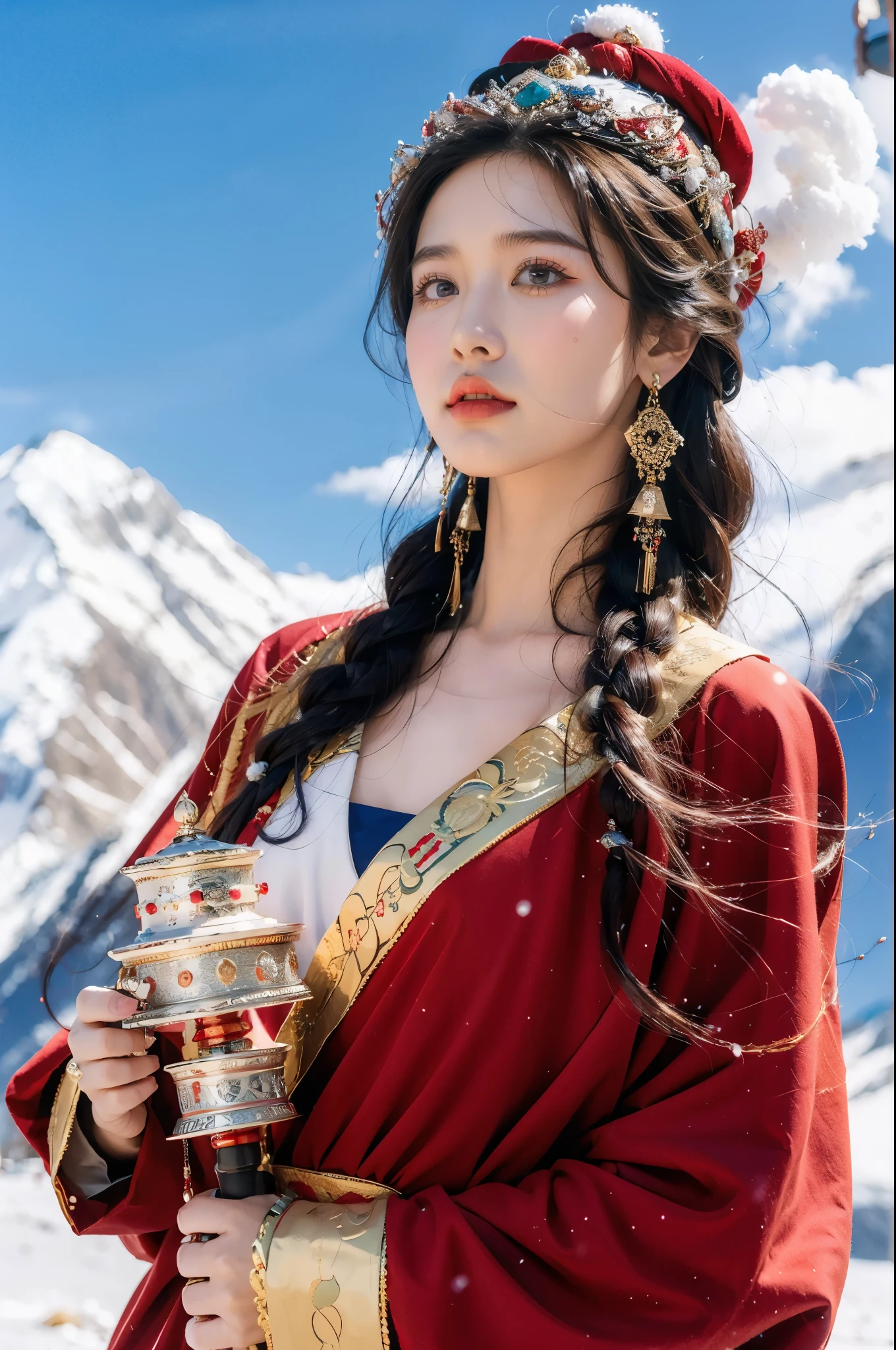 (masterpiece, best quality:1.2),red Tibetan clothing,1girl, blue sky, cloud, cloudy sky, day, earrings,Plush hat, horizon,Tibetan Earrings,Silver Tibetan prayer wheel,Tibetan girl , jewelry, lips,snow mountain, outdoors, parted lips, red lips, sky, solo, upper body,cleavage,