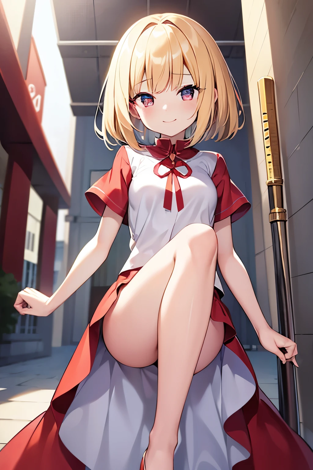 Blonde、Bobcut、Lots of hair volume、Golden Eyes、smile、Red ribbon、White shirt、Standing on one leg、The raised leg is exposed、-yeld、Sm breasts、Best Quality、The supporting leg is covered by a skirt、Shoot from the front、Long red skirt、Stick one leg out from the slit in her long skirt、Nothing in my hands、Shoot from the front