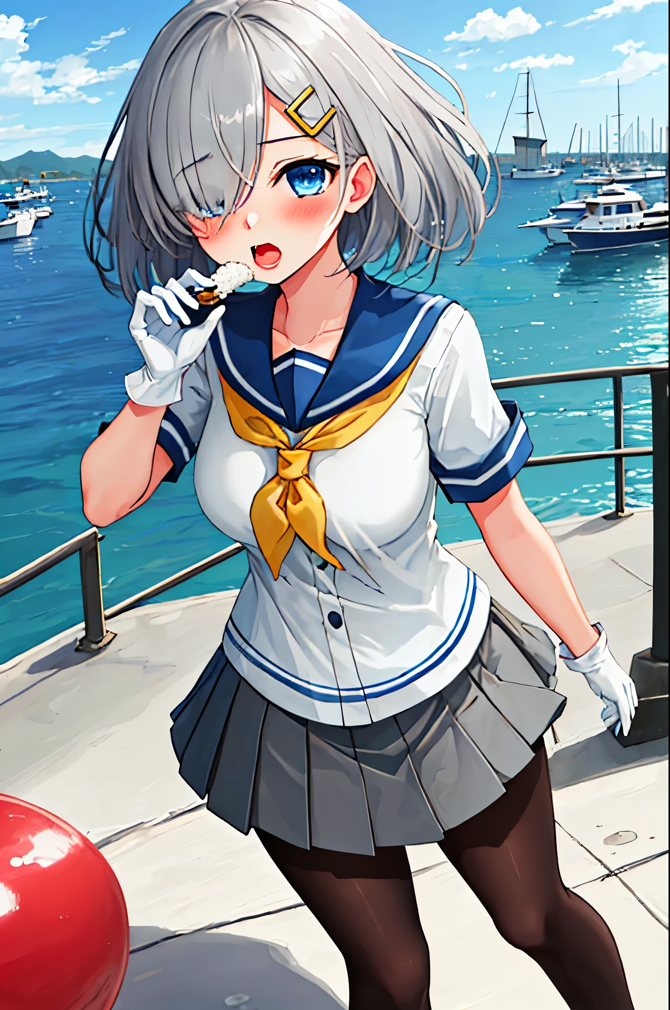 best quality, masterpiece, highres, solo, {hamakaze_kantaicollection:0.90}, 1girl, li,younger_telack_pantyhose, pleated_skirt, serafuku, short_sleeves, simple_background, white_background, yellow_neckerchief, white_gloves, looking_at_viewer, grey_skirt, blush, eyes_visible_through_hair, blue_sailor_collar, dynamic_posing,long_bangs,hair_over_one_eye,harbor_school_background,outdoor,large_breasts,riceball,girl_eating_riceballs,open_mouth