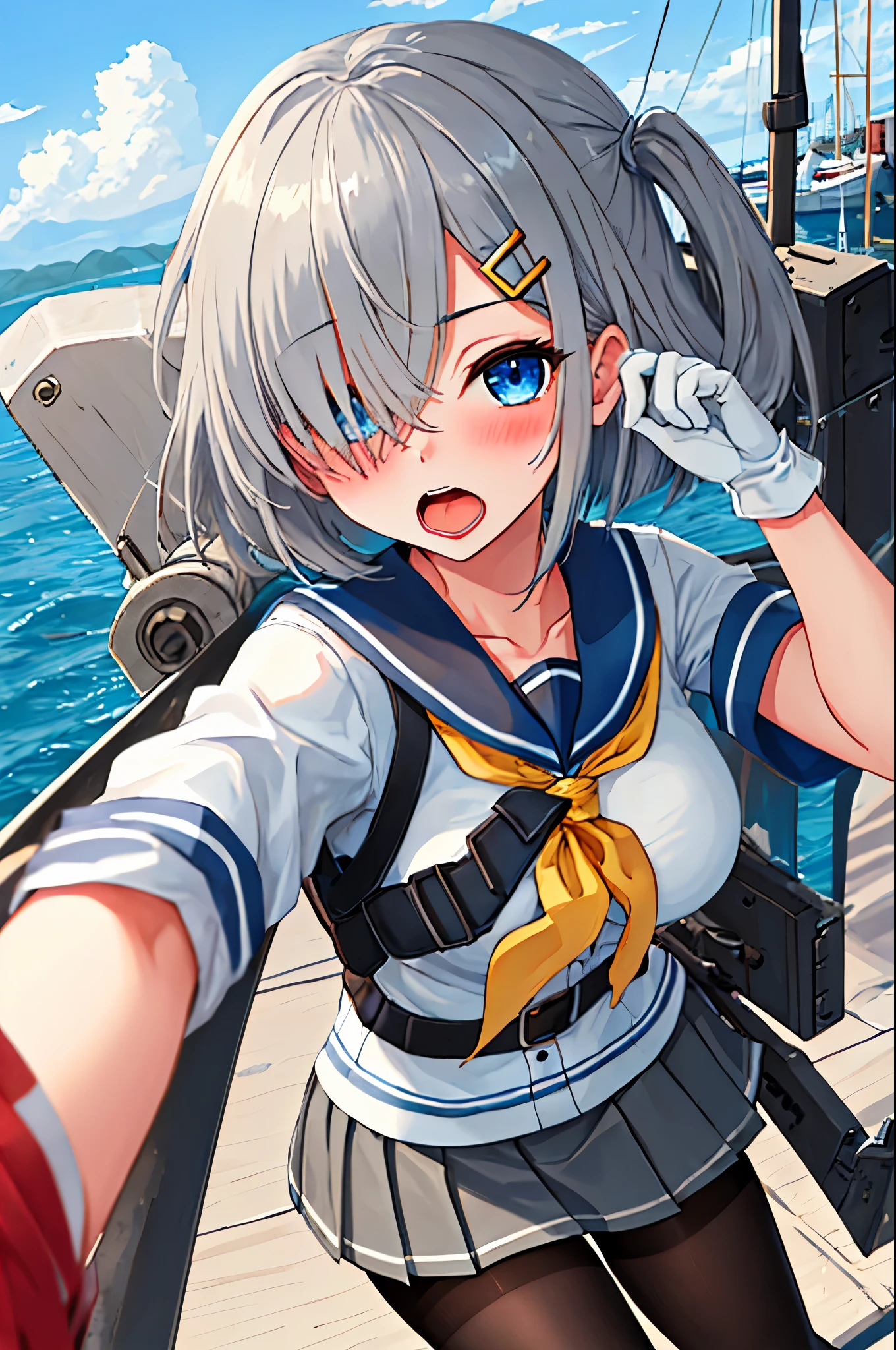 best quality, masterpiece, highres, solo, {hamakaze_kantaicollection:0.90}, 1girl, loli,younger_teen,black_pantyhose, pleated_skirt, serafuku, short_sleeves, simple_background, white_background, yellow_neckerchief, white_gloves, looking_at_viewer, grey_skirt, blush, eyes_visible_through_hair, blue_sailor_collar, dynamic_posing,long_bangs,hair_over_one_eye,harbor_school_background,outdoor,large_breasts,riceball,girl_eating_riceballs,open_mouth