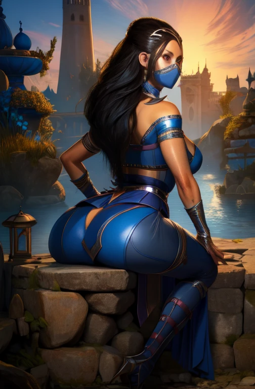 KitanaMK1, black hair, brown eyes,  jewelry, blue dress, cleavage,  mouth mask, 
looking at viewer, royal garden. morning,
 sits,full body,prefect body,large butt,smile toned, (insanely detailed, beautiful detailed face, masterpiece, best quality), turn back,butt show,cross arms,view her back