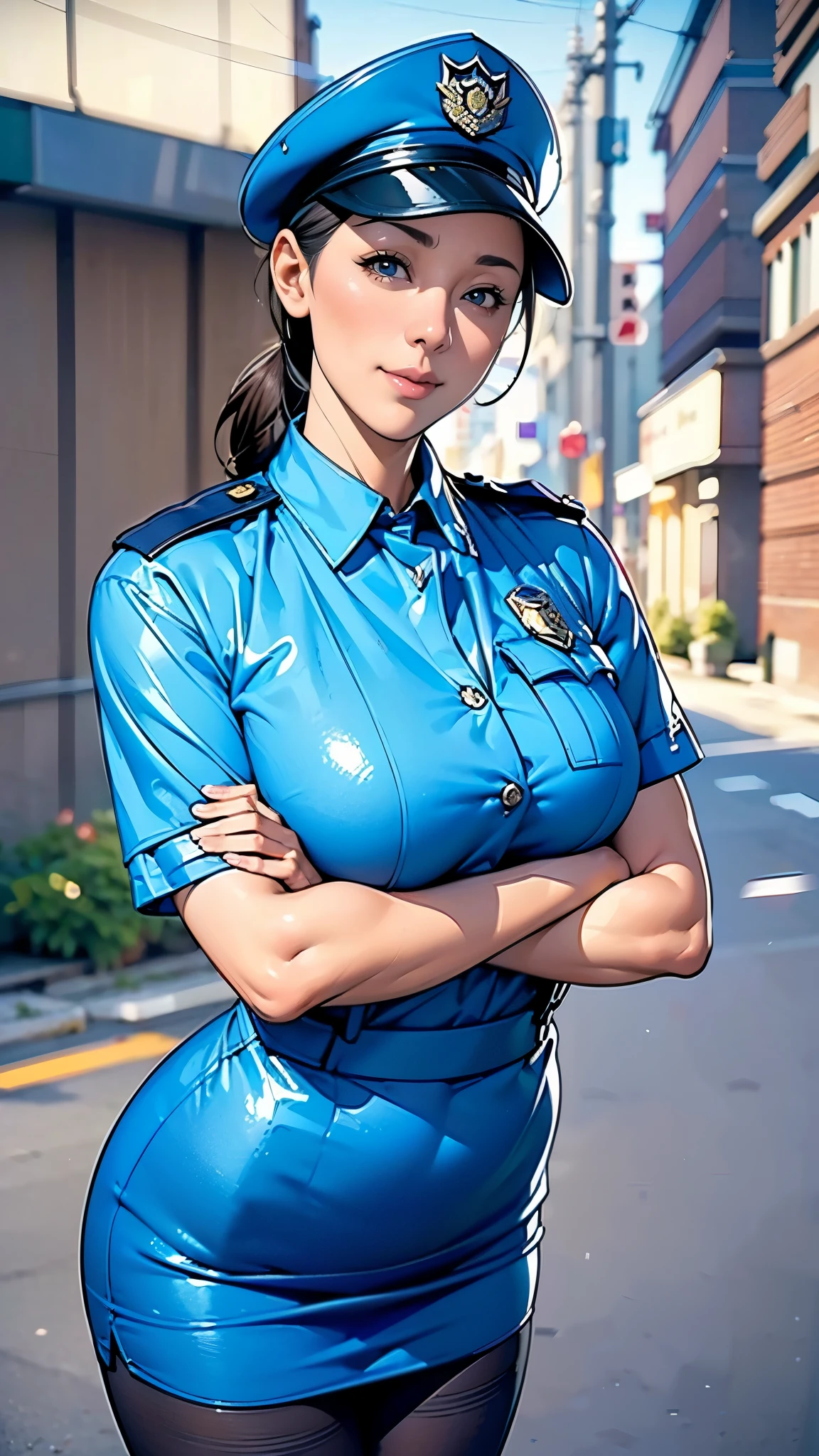 (masterpiece:1.2, highest quality), (Realistic, photoRealistic:1.4),Beautiful illustrations,(Natural Side Lighting, Cinema Lighting),1 female,Japanese,Mature Woman,Female police officer on patrol,48 years old,Perfect Face, Symmetrical face, Shiny skin,Random Hairstyles,Big eyes,Sexy Eyes,(smile),(whole body),break((Police Officer Shirt)),((Tight mini skirt)),(Police hat),(pantyhose),(The background is a street corner:1.5),(((Background Blur:1.5))),((Police uniform)),(((Arms crossed))),((police uniform))