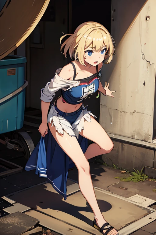((topless)), nsfw, masterpiece, 1 girl, erect nipples, intricately detailed, navel, bare shoulders, blonde hair, hard hat, construction site, choker, wiping sweat, baggy pants, cargo pants, extremely detailed, bare breasts, puffy nipples, blue eyes, bare stomach, sweaty, medium breasts, arm strap, cowboy shot, holding sledgehammer, teen, chain, soft eyes, smiling, day, belt, rubble, short hair, open mouth, hairband, cg masterpiece