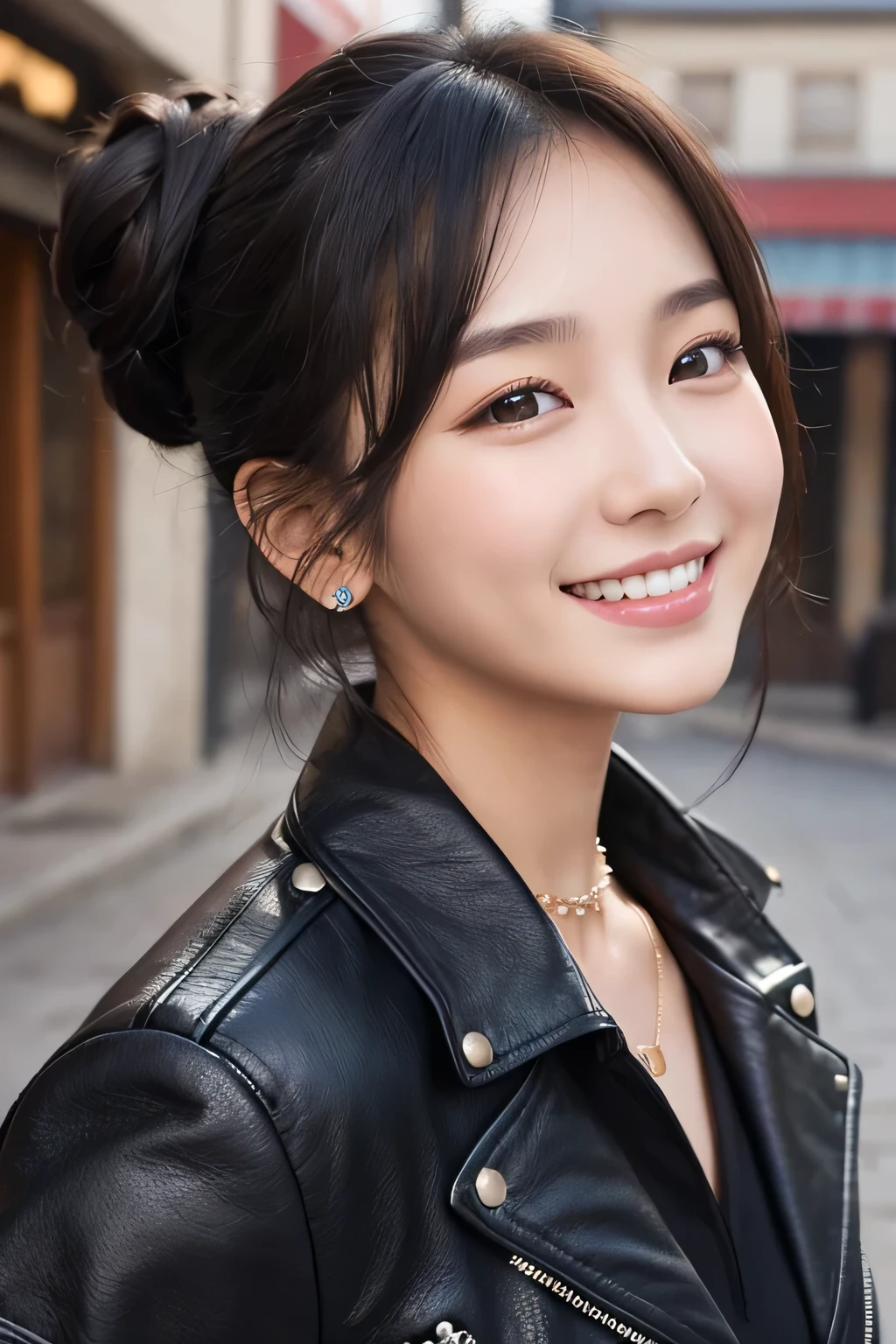 Beautiful young woman of the year、 Korean women、Black Hair、Hairstyle bun、Necklace around the neck、leather jacket、shirt、smile, Beautiful teeth alignment、Intricate details, Very detailed:1.2), 、 Looking into the camera,The background is the town、Ear piercing

