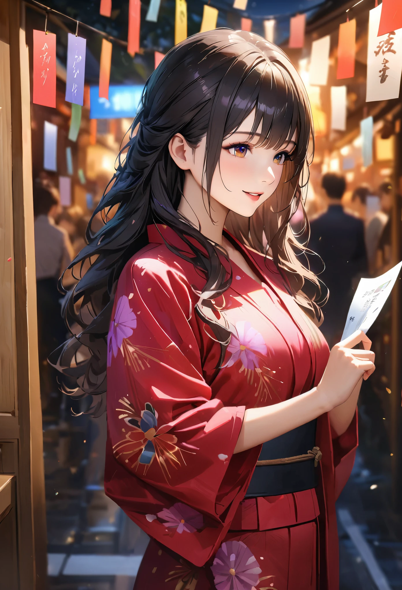 Tanabata,night, yukata, Holding a strip of paper,Blur the background,High school girls,Long Wavy Hair,smile,Glitter effect,highest quality, 4K, 8k, High resolution, masterpiece:1.2, Very detailed, Realistic:1.37, High resolution, 超High resolution, Ultra-fine painting, Sharp focus, Physically Based Rendering, Very detailedな説明, Professional, Vibrant colors