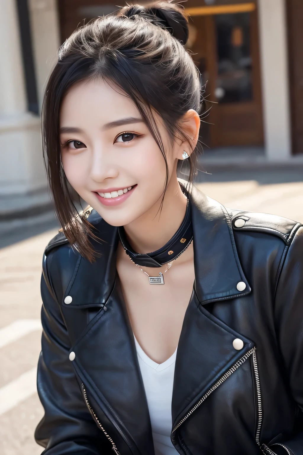 Beautiful young woman of the year、 Korean women、Black Hair、Hairstyle bun、Necklace around the neck、leather jacket、shirt、smile, Beautiful teeth alignment、Intricate details, Very detailed:1.2), 、 Looking into the camera,The background is the town、Ear piercing

