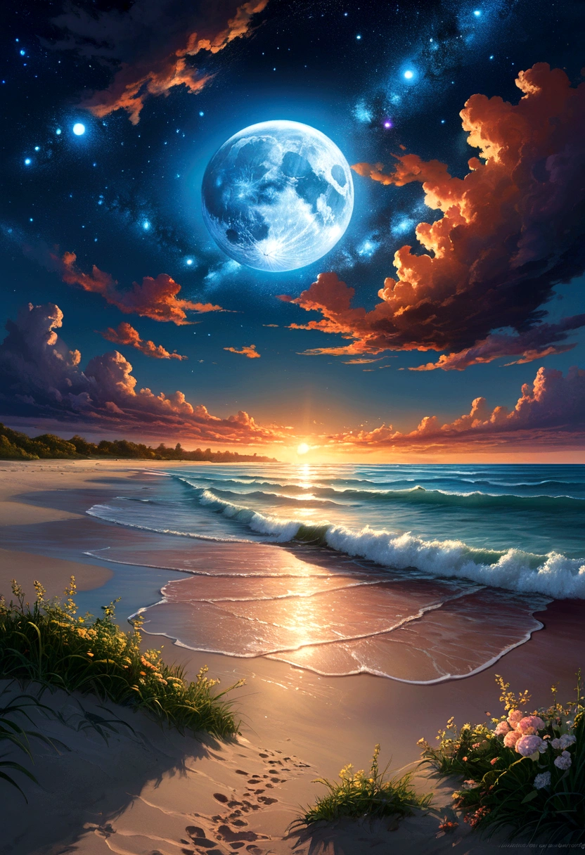 illustrations de Phil Koch, Meghan Howland lune bleue Digital ral-epochelves Illustration d&#39;un paysage d&#39;summer sunset luminism, Le ciel nocturne s&#39;anime avec un œil qui semble vous hypnotiser, surrounded by&#39;a network of&#39;stars, nebulae and cosmic dust. Sous cet affichage cosmique, represents a quiet beach with the surface of the&#39;sparkling ocean, lush and symmetrically reflects sparkling nebulae and luminous astral bodies. Fond complexe de réalisme, dynamic lighting, digital painting, Très detaille complexe