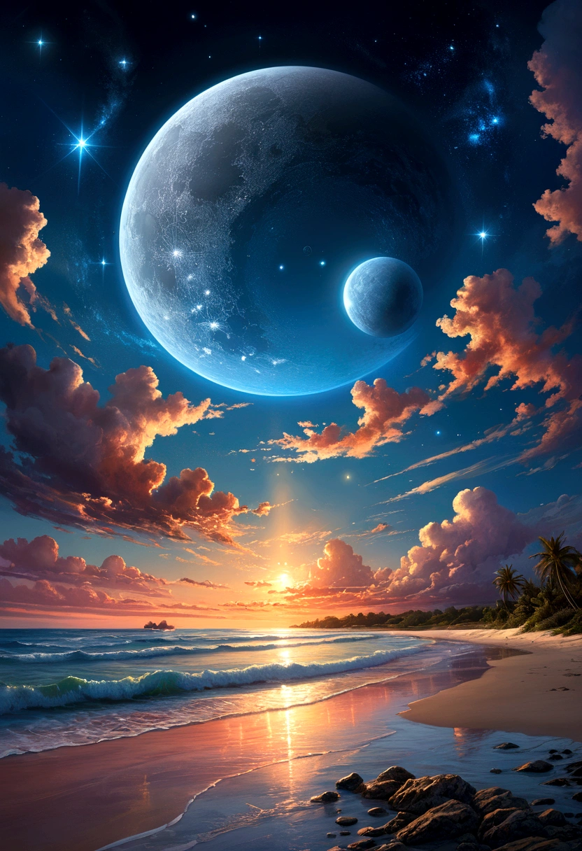 illustrations de Phil Koch, Meghan Howland lune bleue Digital ral-epochelves Illustration d'un paysage d'summer sunset luminism, Le ciel nocturne s'anime avec un œil qui semble vous hypnotiser, surrounded by'a network of'stars, nebulae and cosmic dust. Sous cet affichage cosmique, represents a quiet beach with the surface of the'sparkling ocean, lush and symmetrically reflects sparkling nebulae and luminous astral bodies. Fond complexe de réalisme, dynamic lighting, digital painting, Très detaille complexe