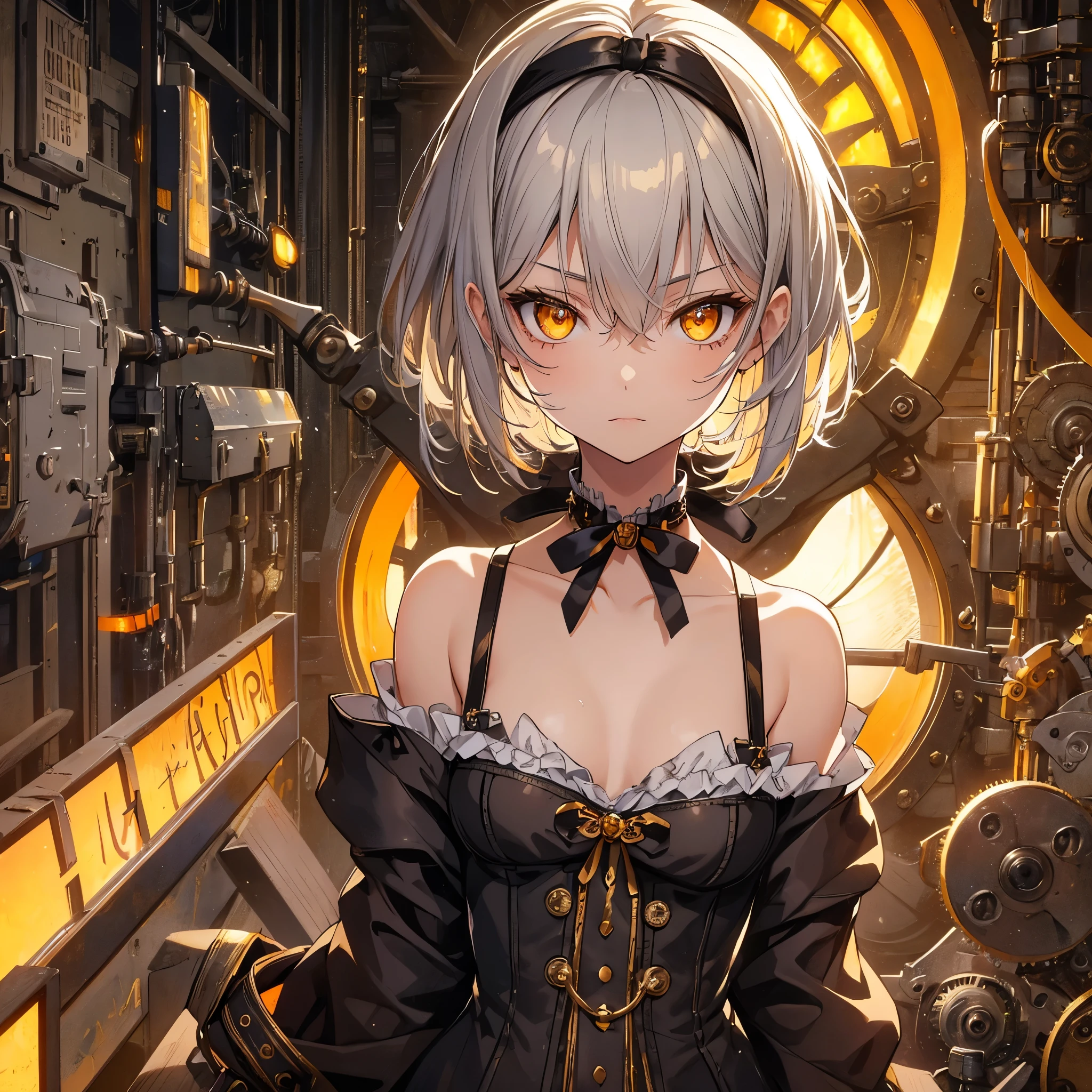 masterpiece, highest quality, Perfect Face, Highest Resolution, Highest quality,Detailed depiction of the eyes, 1 girl, young, slender body, Short, deep tan skin, slate gray hair, short  hair, upturned eyes, Yellow Orange eyes, Perfect Anatomy, steampunk, ribbon choker, steampunk風の衣装