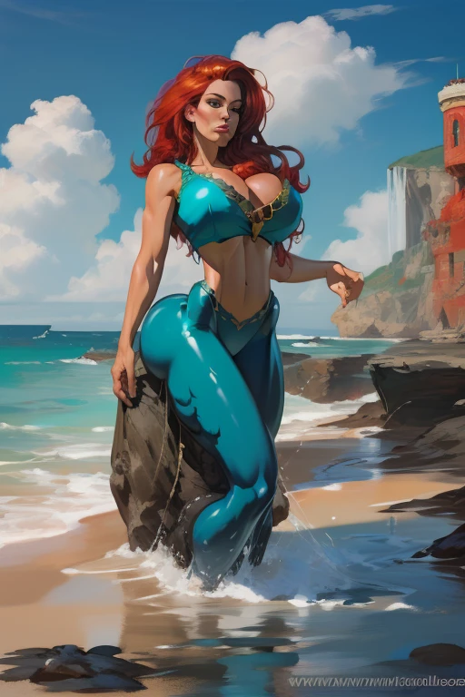 Girl with wavy red hair and rebellious, ((hair slicked back)), Caucasian woman,ice blue eyes and tanned skin, round bare breasts, clam shell nipple pasty, green mermaid tail, (gigantic breasts), galleon and ocean background with clouds, realistic style.