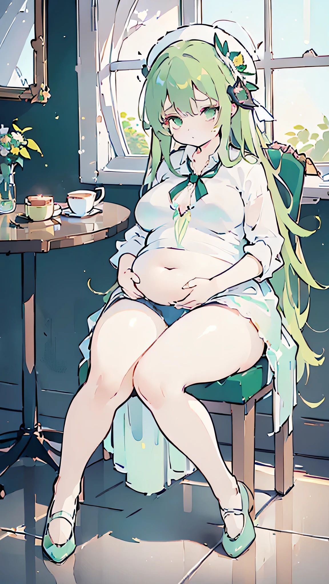 (flat:1.5),(cafe, window, sunlight, table, chair, sedentary:1.5) (big ass, thick thighs:0.7), (warm light source:1.2), intricate details, volumetric lighting, Realism BREAK(masterpiece:1.2), (top quality), 4K, ultra detail, (Dynamic configuration:1.4), Very detailed and colorful details,(rainbow colors:1.2), (shining lights, atmospheric lighting), dreamy, magical, (alone:1.2), intricate details, cheeky expression, (big breasts:1.5), (green eyes:1.5), (a devastated expression, dead eyes, dark atmosphere:1.5), (Green long hair:1.5), (shoes, buttoned dress shirt, Small hat,Small and tight denim shorts:1.5), ( Belly Fat, thick thighs,thick ass:1.5), (beautiful eyes, flushing:1.5),(human ear,thin legs:1.5),(chair에 sedentary, diagonal shot:1.5), (embarrassing:1.5),(diagonal shot:1.5)