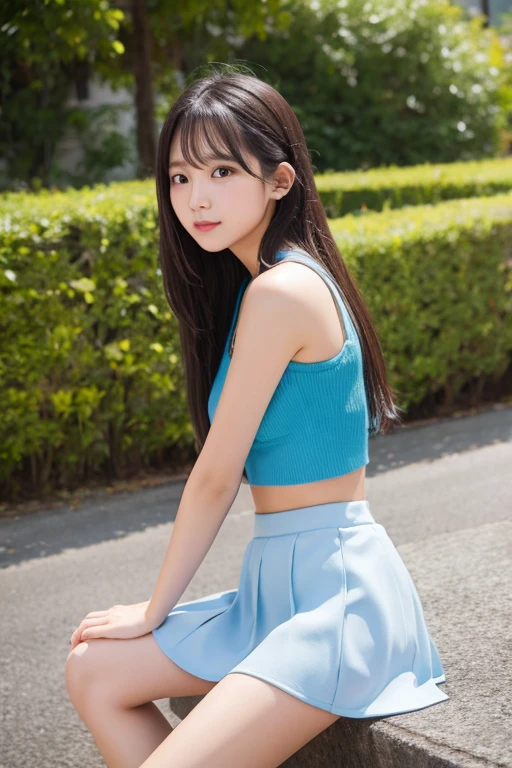 beautiful girl、high school girl、clear、pure、See-through、Light blue mini skirt、sit