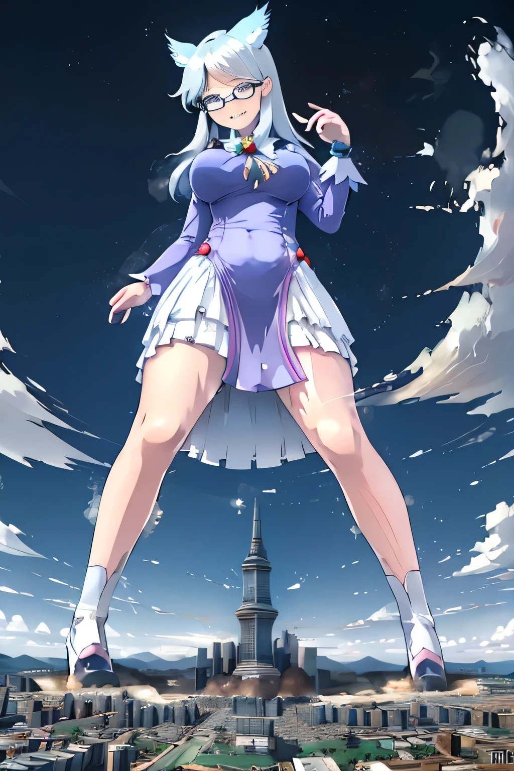 giantess art, highly detailed giantess shots, giantess, Two legs, Five fingers, A beautiful girl who is bigger than a skyscraper, Wearing rimless glasses, smile, huge breasts, blue and white magical girl dress, bow, magical girl, holding a magical wand, black pantyhose, blue stiletto heels, thunderbolt from a magical wand, Destroying cities, Under heavy attack but unharmed, A very small big city, Miniature metropolis, Full body description, GTS, giga giantess, stomping city, crash city, tiny city, micro city, pantyhose feet, High resolution, highest quality, masterpiece, peeing self, 