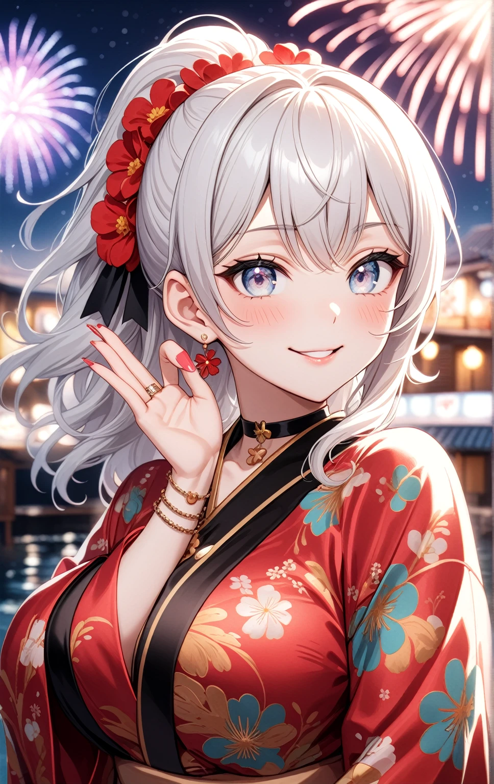 ((one personの女性)), Beautiful Face,((Wink:1.9)),((a woman making a cute hand sign. She is making a peace sign with one hand and covering one eye with it)),(Bright red cheeks:1.5)),Laughing embarrassedly,Laughing with your mouth open,Glossy pink lips,Lighting on the face,night,night景と海が美しい公園,Colorful fireworks,((Anime style background)),masterpiece, highest quality, so beautiful, Latest, Complex details, (Pink long nails),(ring),(bracelet),(choker),AI-generated, Complex,High resolution, highest quality, super high quality,3D Images、View your viewers、3D Images,one person,Long white hair,High Ponytail,(blue eyes),Anime woman posing for a photo, ((Fine grain、Silvery white colorful eyes、Shining Eyes:1.3)),(Squint your eyes:1.1),a hyperRealistic , hyperRealistic , Realistic,Anime woman with long and white hair, Smooth anime CG art, A woman in a colorful kimono with gold embroidery, (Black kimono),Red floral pattern,Long flower hair ornament,Big earrings,Mature Body,(Big Breasts:1.1),Tall,Fine details,Abdominal muscles,Narrow waist,(Facial bust up:1.1)