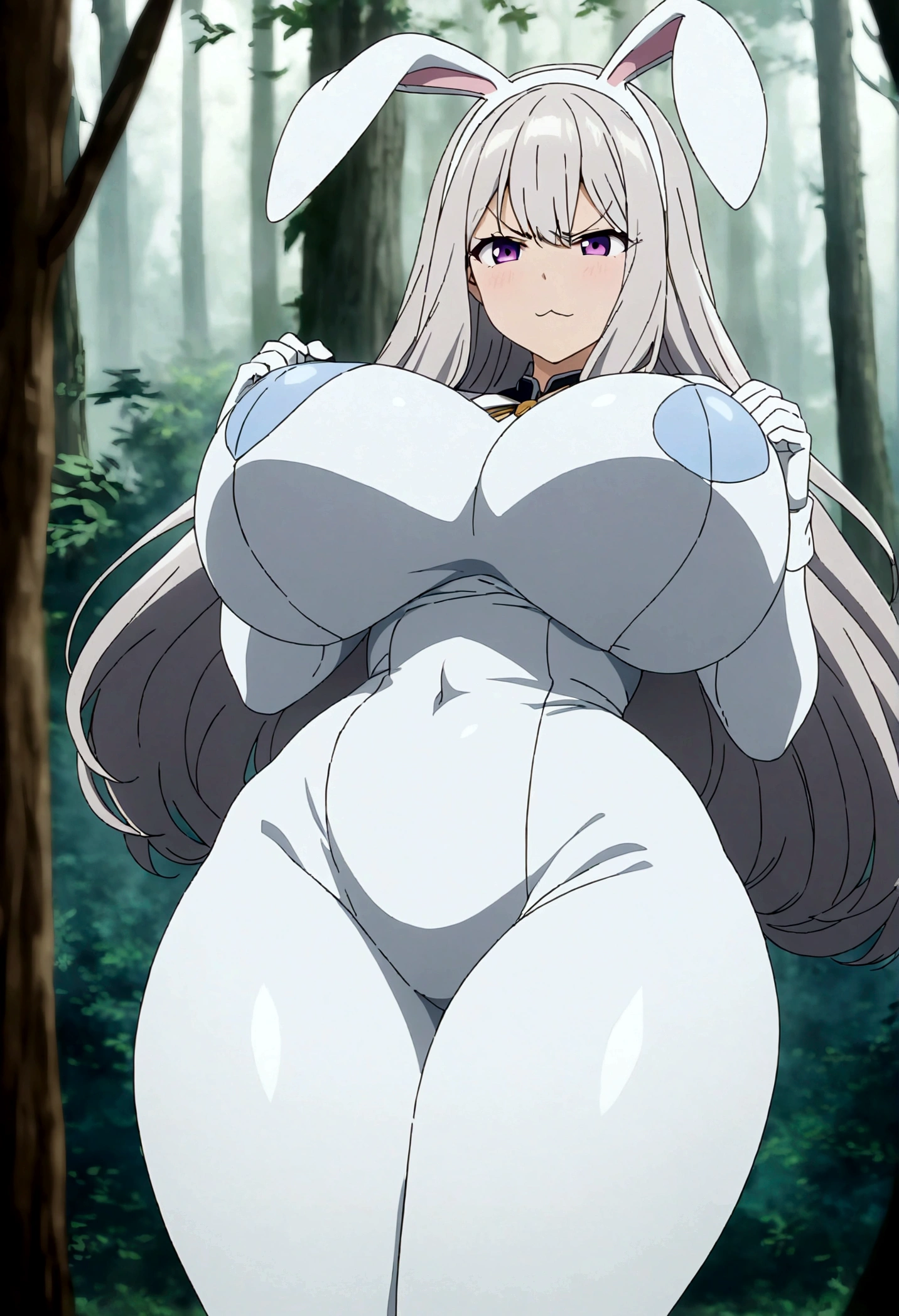 (masterpiece, best quality:1.2) best quality, girl design, portrait, giesha, anime image, long hair, gray hair, angry and shy look, purple eyes, bunny ears, light blue bunny costume , black tight thighs, exposed hips, white gloves, round thick giant breasts, ((Colossal tits: 3), giant thick hips, in a forest, full body, anime style, blurry, masterpiece, highres