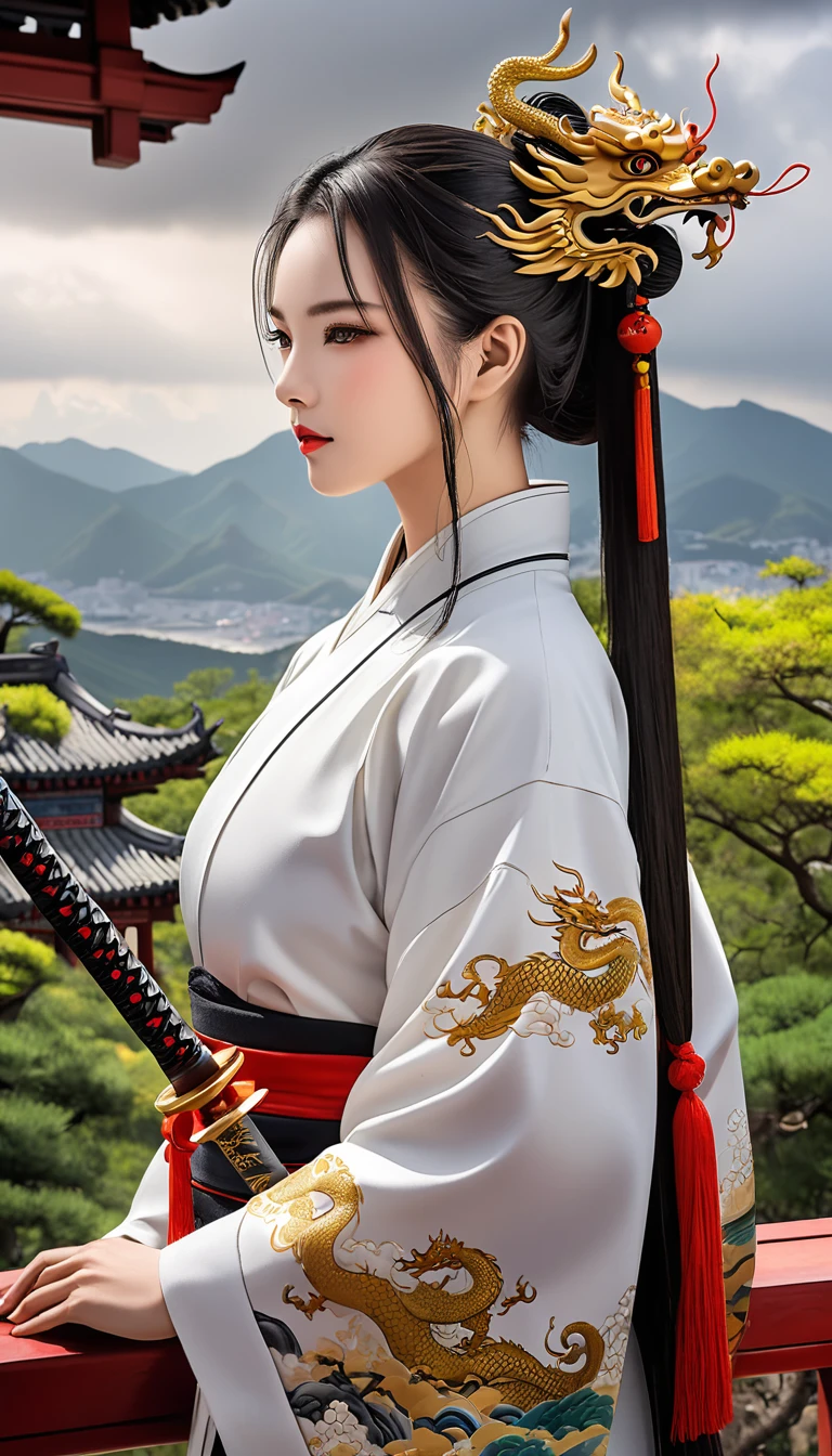 UHD,Obra de arte,premiado,melhor qualidade,high resolution,8K,detalhes altos,(Um homem:1.6),rosto perfeito,cabelo preto comprido,Ancient Chinese hair accessories,blonde hair accessories,(Enfrente a lente:1.4),(hand sword:1.5),hand sheath,vestes chinesas antigas,Artes marciais,estrela fora da lei,bougu,Pule,There's a dragon behind,Chinese dragon,Santo Padroeiro,the background is mountains and trees,montanha,pavilion,Pinheiro,Brilliant sky,Nuvem branca,an overcast sky,muito tempo,,arquitetura oriental antiga,arquitetura chinesa antiga,