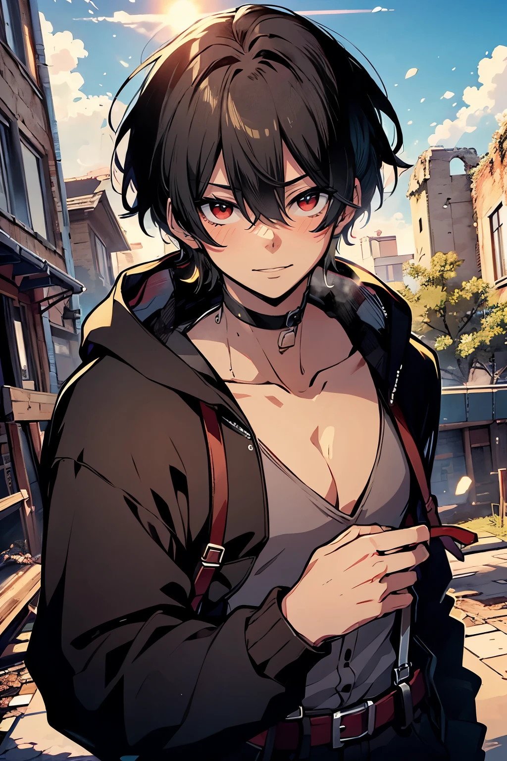 hasuichi nishizono, rekkyo sensen, rekkyou sensen, male focus, boys with((black hair, tits cleavage, waving is hands, suspenders, dress, blue clothes, belt, blue knit sweater, straps, furry hoodies, upper body, short hair, long sleeves, perfect hands, perfect fingers)), background with((fantasy world, cherry brossom, ruin, castle, beautiful sky, shining sky, sunshine))